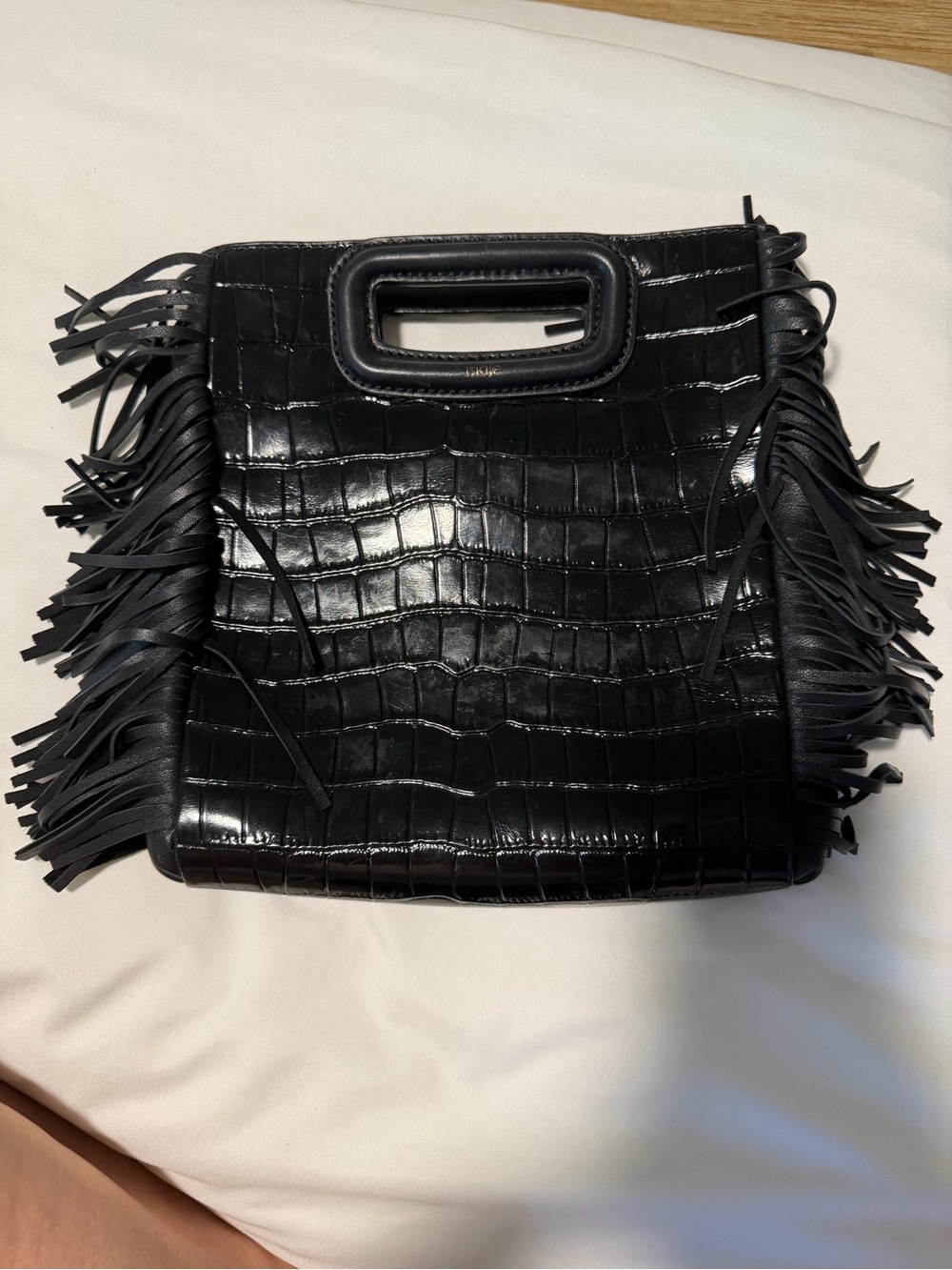 Maje Black Croc-Embossed Fringe Wristlet